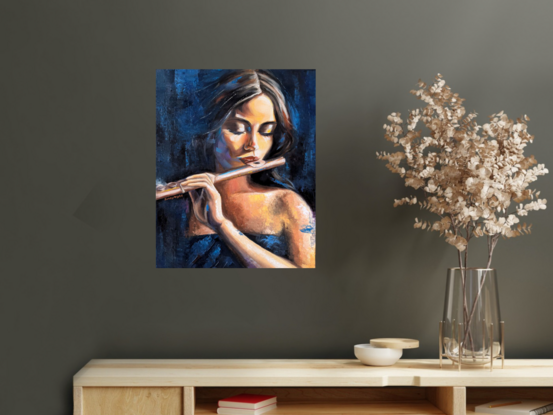 Portrait painting about a flutist who enjoys playing music with a flute