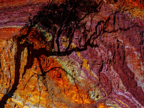 An Australian outback landscape with ochre colours and a eucalyptus tree casting a shadow.