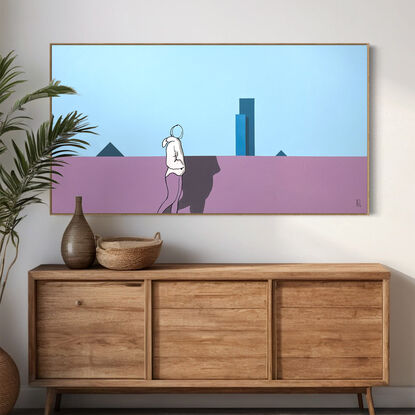 Extra Large black line art image on a vibrant soft blue, blush and purple ground.