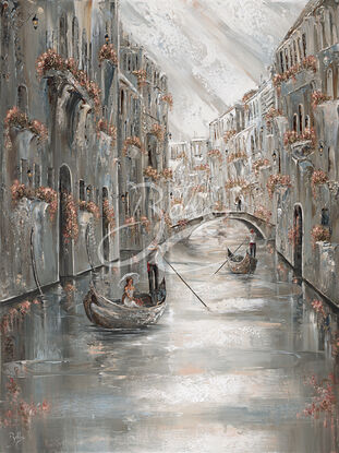 original painting of a woman in a gondola drifting along the Venice Canals