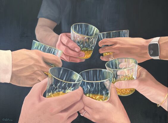 6 hands coming together to clink scotch glasses