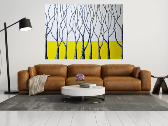 'Blue Trees Yellow' is a painting that will inspire your living space to shine bright and have the full attention of the viewer with it's beautiful bold colours and uplifting energy. Capturing nature in all it's essence, it's an impressive large scale painting that utilises multiple layers of various colour's of pure white's, blue's, gold and bold yellow just to name a few. Blue Tree's take up the foreground with one tree standing out from all the others, resembling life and everything it stands for including strength, beauty and resilience. Add to your art collection today and make 'Blue Trees Yellow' part of your home to enjoy!!