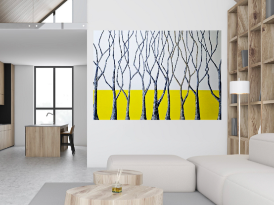 'Blue Trees Yellow' is a painting that will inspire your living space to shine bright and have the full attention of the viewer with it's beautiful bold colours and uplifting energy. Capturing nature in all it's essence, it's an impressive large scale painting that utilises multiple layers of various colour's of pure white's, blue's, gold and bold yellow just to name a few. Blue Tree's take up the foreground with one tree standing out from all the others, resembling life and everything it stands for including strength, beauty and resilience. Add to your art collection today and make 'Blue Trees Yellow' part of your home to enjoy!!