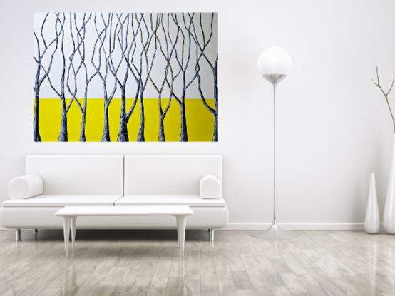 'Blue Trees Yellow' is a painting that will inspire your living space to shine bright and have the full attention of the viewer with it's beautiful bold colours and uplifting energy. Capturing nature in all it's essence, it's an impressive large scale painting that utilises multiple layers of various colour's of pure white's, blue's, gold and bold yellow just to name a few. Blue Tree's take up the foreground with one tree standing out from all the others, resembling life and everything it stands for including strength, beauty and resilience. Add to your art collection today and make 'Blue Trees Yellow' part of your home to enjoy!!