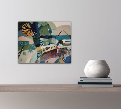 A Whimsical Decorative abstract landscape with  Mountains surrounding a lake.
