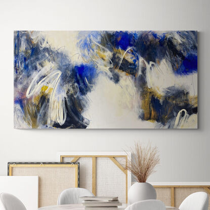 yellow ochre, copper and blue abstract mark making on a large wide white and neutral canvas 