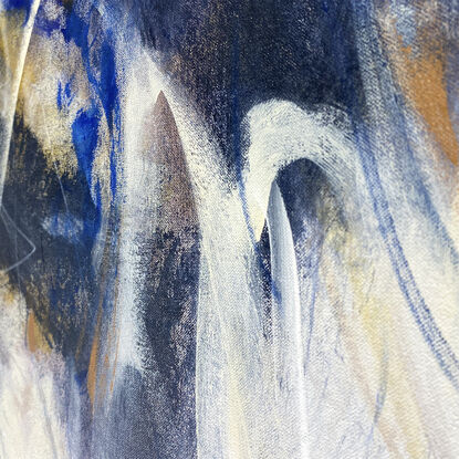 yellow ochre, copper and blue abstract mark making on a large wide white and neutral canvas 