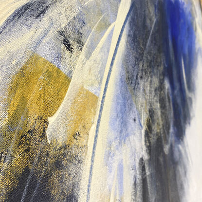 yellow ochre, copper and blue abstract mark making on a large wide white and neutral canvas 