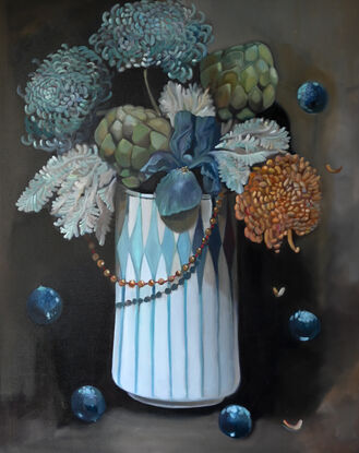 A tall geometrically patterned vase holds a couple of green artichoke stems and other flowers. The background is a neutral tone of grey brown. The painting captures the passing of time in a still life. 
This  painting was exhibited in a prominent Brisbane gallery in April of 2024. 