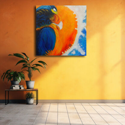 Abstract painting depicting a blue and orange macaw in flight over Rio de Janeiro, inspired by Peter Allen's song 'I Go to Rio.' The vibrant colors and dynamic brushstrokes capture the energy and spirit of the city and the song."