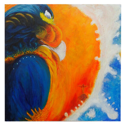 Abstract painting depicting a blue and orange macaw in flight over Rio de Janeiro, inspired by Peter Allen's song 'I Go to Rio.' The vibrant colors and dynamic brushstrokes capture the energy and spirit of the city and the song."