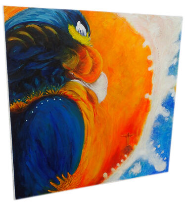 Abstract painting depicting a blue and orange macaw in flight over Rio de Janeiro, inspired by Peter Allen's song 'I Go to Rio.' The vibrant colors and dynamic brushstrokes capture the energy and spirit of the city and the song."