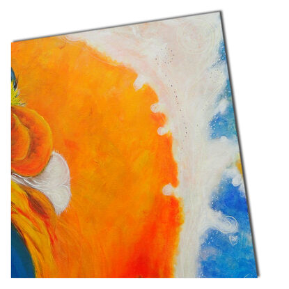 Abstract painting depicting a blue and orange macaw in flight over Rio de Janeiro, inspired by Peter Allen's song 'I Go to Rio.' The vibrant colors and dynamic brushstrokes capture the energy and spirit of the city and the song."