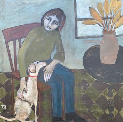 The painting depicts a girl sitting on an armchair. There is a white dog beside her and he has his face on her lap. There is a table with a vase of flowers beside her. 