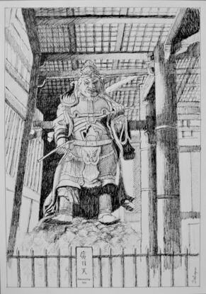 Freehand black ink sketch of a giant Japanese king in an enormous wooden Buddhist temple in Japan.