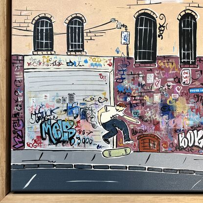 A simplistic modern take on iconic Hosier Lane Melbourne including cyclist 