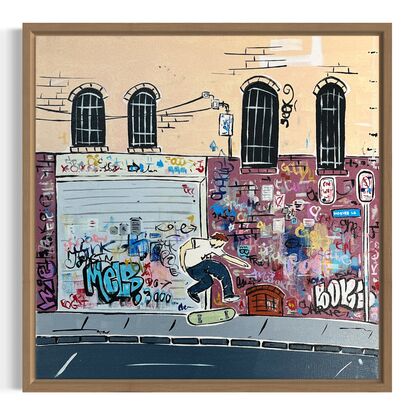 A simplistic modern take on iconic Hosier Lane Melbourne including cyclist 