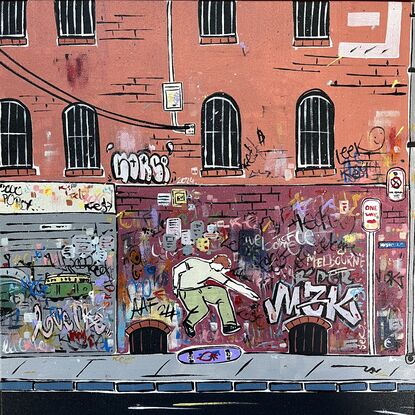 A simplistic modern take on iconic Hosier Lane Melbourne including cyclist 