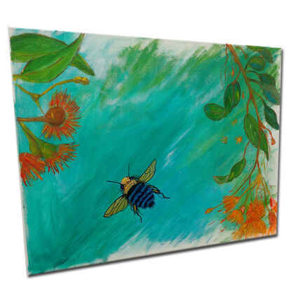 Painting featuring modern teals and oranges, depicting an Australian native blue-banded bee surrounded by vibrant orange gumtree flowers. The combination of contemporary colors and native flora highlights the beauty and uniqueness of Australian wildlife