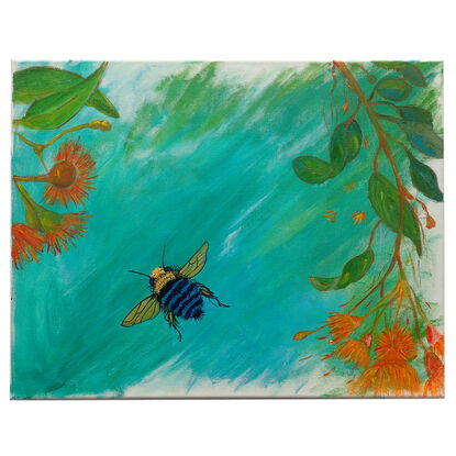 Painting featuring modern teals and oranges, depicting an Australian native blue-banded bee surrounded by vibrant orange gumtree flowers. The combination of contemporary colors and native flora highlights the beauty and uniqueness of Australian wildlife