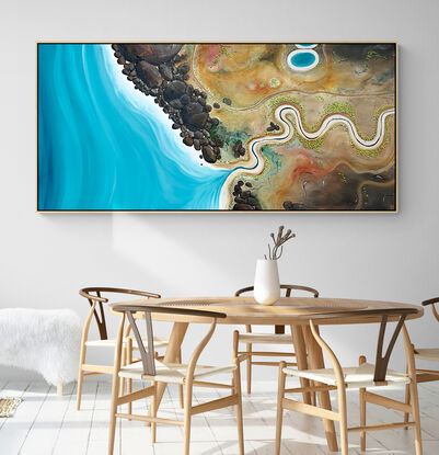 Way Back When, a textured aerial landscape painting features a vivid blue ocean on the left, with rugged brown boulders along the foreshore. A river winds through an earthy, neutral-toned landscape, joining the ocean and creating a harmonious, dynamic composition.