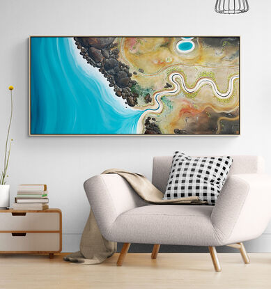 Way Back When, a textured aerial landscape painting features a vivid blue ocean on the left, with rugged brown boulders along the foreshore. A river winds through an earthy, neutral-toned landscape, joining the ocean and creating a harmonious, dynamic composition.