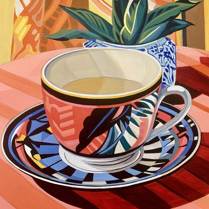 A still life painting of a vintage teacup with greenery,  greens, blues, yellows, white , pinks, oranges, reds  and greens