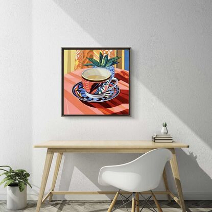 A still life painting of a vintage teacup with greenery,  greens, blues, yellows, white , pinks, oranges, reds  and greens