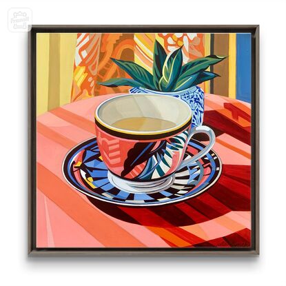 A still life painting of a vintage teacup with greenery,  greens, blues, yellows, white , pinks, oranges, reds  and greens