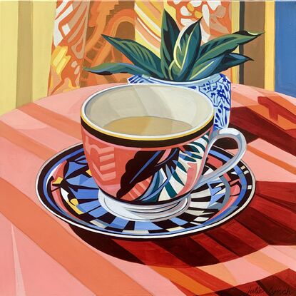 A still life painting of a vintage teacup with greenery,  greens, blues, yellows, white , pinks, oranges, reds  and greens