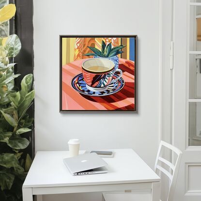 A still life painting of a vintage teacup with greenery,  greens, blues, yellows, white , pinks, oranges, reds  and greens