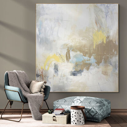 bold marks in warm earthy tones, yellow ochre, lemon, beige, white, grey, across the canvas suggestive of travelling through the landscape of wide open spaces.