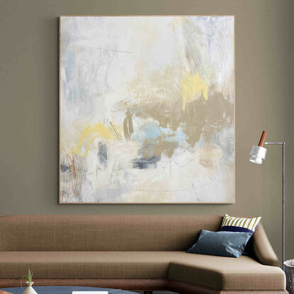 bold marks in warm earthy tones, yellow ochre, lemon, beige, white, grey, across the canvas suggestive of travelling through the landscape of wide open spaces.