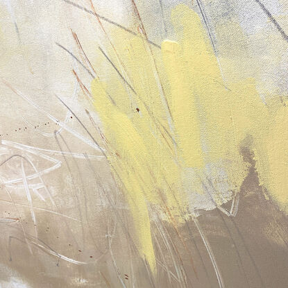 bold marks in warm earthy tones, yellow ochre, lemon, beige, white, grey, across the canvas suggestive of travelling through the landscape of wide open spaces.