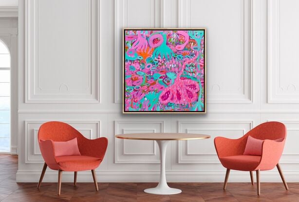 Plenty of pink in different shades and light green coming together to form a beautiful floral painting