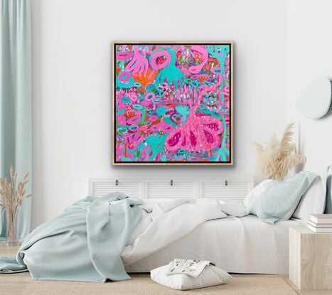 Plenty of pink in different shades and light green coming together to form a beautiful floral painting