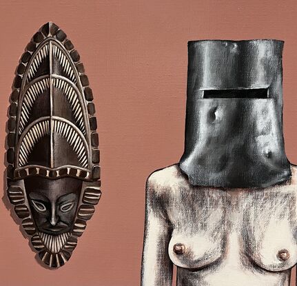 Naked figure with Ned Kelly helmet and masks.