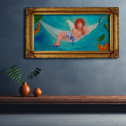 Abstract acrylic painting of Cupid lounging in a hammock, wearing board shorts and flip-flops, set against vivid teal and turquoise skies. Surrounded by bright orange gum tree blossoms, this piece blends classical mythology with modern Australian elements. The artwork is unframed, offering the option to pair it with a classic gold frame for an added touch of elegance.