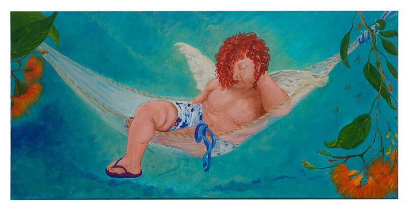 Abstract acrylic painting of Cupid lounging in a hammock, wearing board shorts and flip-flops, set against vivid teal and turquoise skies. Surrounded by bright orange gum tree blossoms, this piece blends classical mythology with modern Australian elements. The artwork is unframed, offering the option to pair it with a classic gold frame for an added touch of elegance.