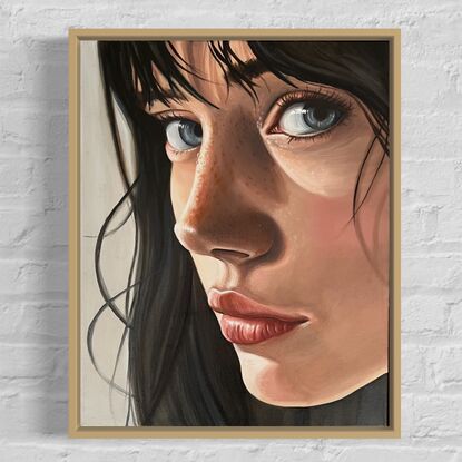 "Ronnie" is a hyper-realistic portrait that captures the nuanced emotions and delicate features of the subject, highlighted by a masterful play of light and shadow.