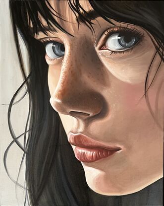 "Ronnie" is a hyper-realistic portrait that captures the nuanced emotions and delicate features of the subject, highlighted by a masterful play of light and shadow.