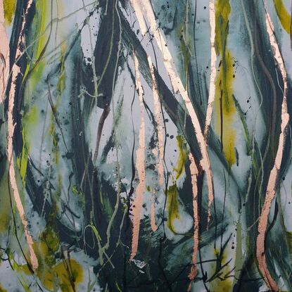 a large abstract landscape of trees and forest in shades of green, black, grey and gold