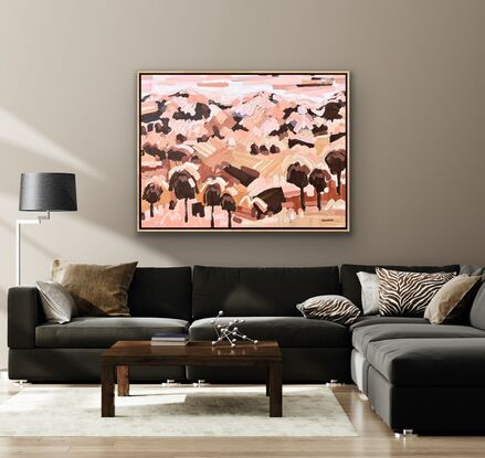 Large framed canvas with a textured landscape scene in earthy tones, orange, pinks, browns abstract hills, trees and foliage shapes chunky paint with visible big brushstrokes.