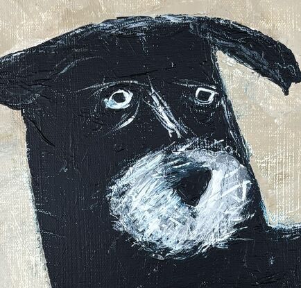 Naive style scruffy black dog in a standing form, the background is divided into areas of olive green , black, beige and ochre yellow