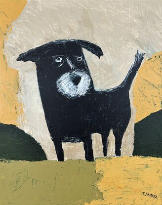 Naive style scruffy black dog in a standing form, the background is divided into areas of olive green , black, beige and ochre yellow