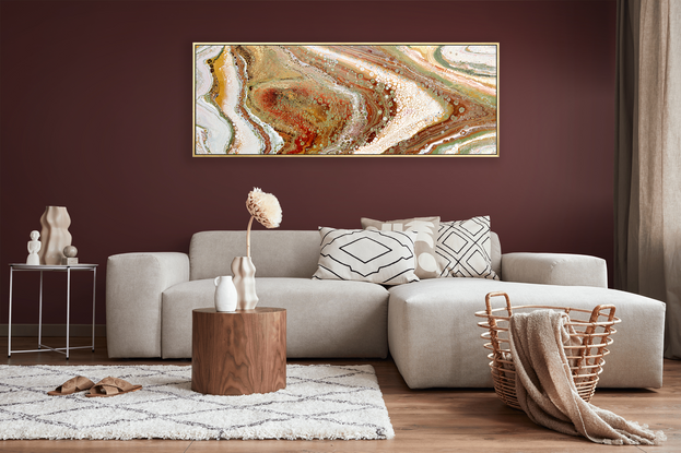 ABSTRACT painting of flowing colours: golds, light golds, ochre, chocolate, royal purple, pink, beige.
It has incredible depth while evoking a feeling of peace!
The closer you get to the painting the more of the interesting details and patterns you can see. Metallics add an extra depth because the painting changes personality when one views from different angles. The sage green adds an extra strip of class. it fits in to almost any type of room and on any colour wall.