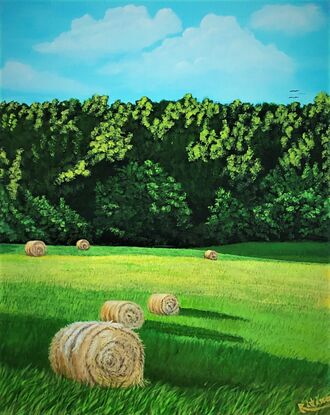 The artwork shows the hay bales in the rural part of North America.