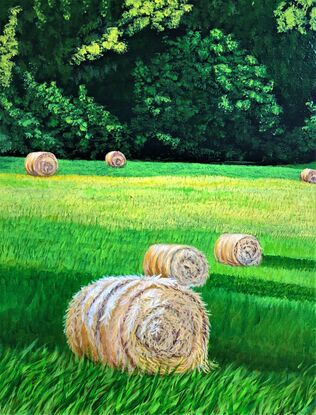 The artwork shows the hay bales in the rural part of North America.