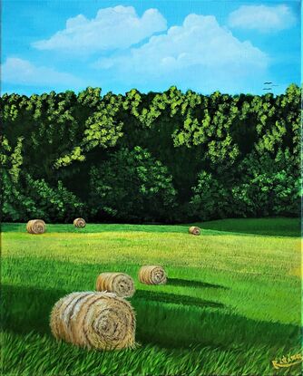 The artwork shows the hay bales in the rural part of North America.