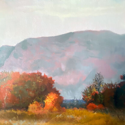 Warm Evening - 2024 - Oil on Canvas –20 H x 20 W x 1.5 Inches and ready to hang

of a sunset over an autumn landscape. The rich, warm hues of orange, red, and gold blend seamlessly with the soft, muted tones of the distant mountains, creating a harmonious balance between light and shadow. The gentle reflection of the twilight sky in the still waters adds a touch of tranquility, inviting the viewer to pause and savor the moment. This captivating piece is a perfect addition to any space, bringing a sense of peace and warmth to your home.